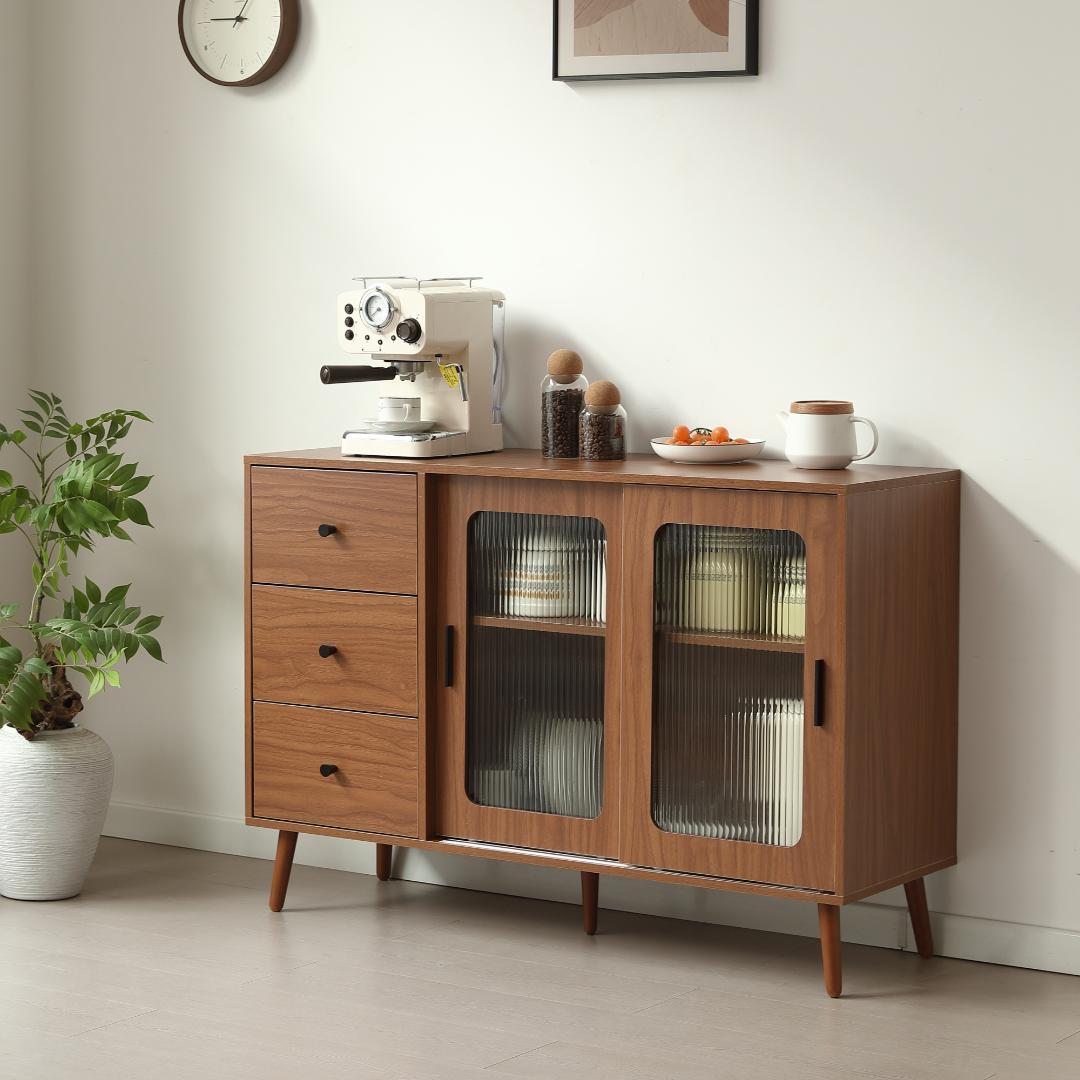 【ブラウン】 キャビネット サイドボード 食器棚 キッチンキャビネット 引出し付