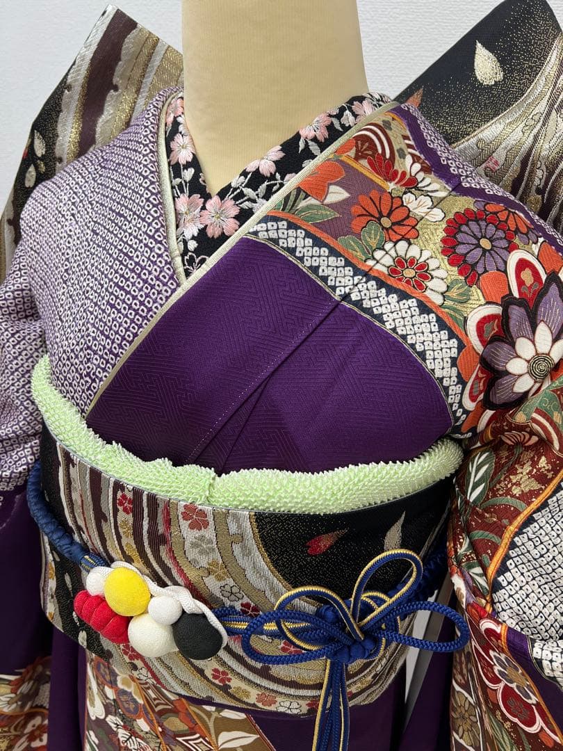 振り袖　フルセット　長襦袢　成人式　金彩加工　絞り　熨斗目　長尺袋帯　734