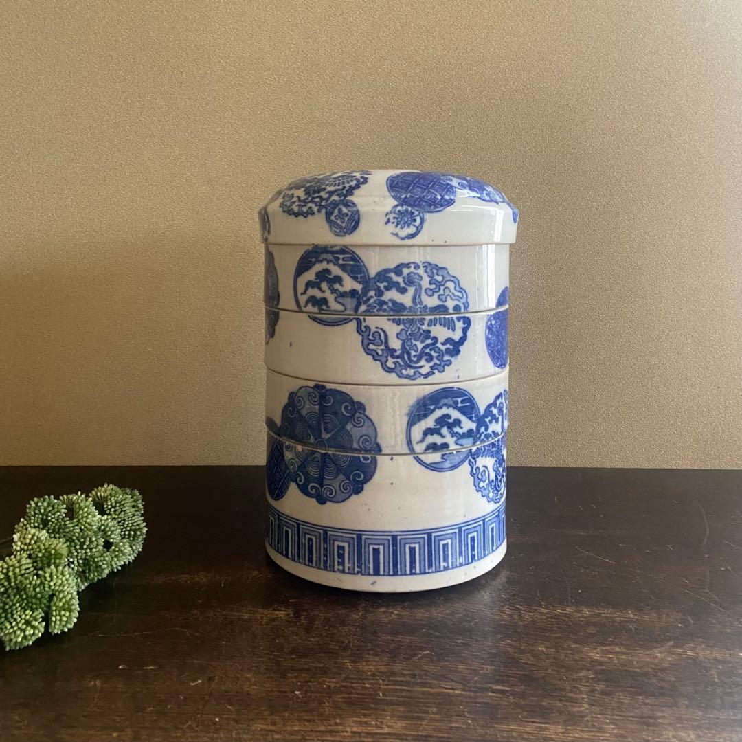 明治　印判陶器御重　4段重箱　丸型　骨董