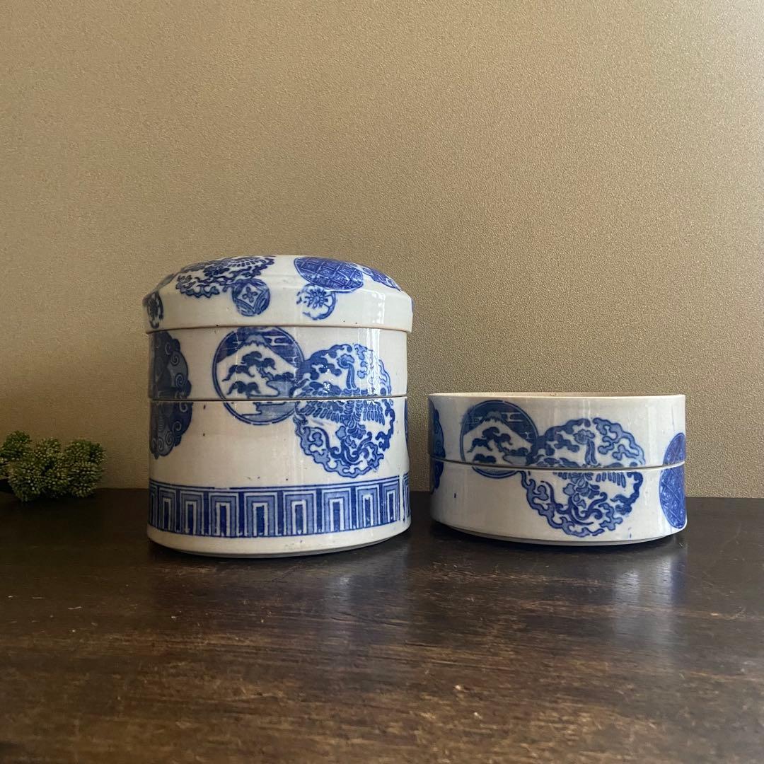 明治　印判陶器御重　4段重箱　丸型　骨董