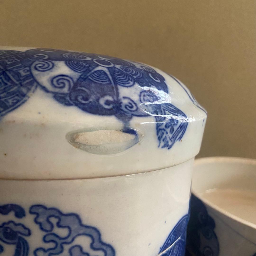 明治　印判陶器御重　4段重箱　丸型　骨董