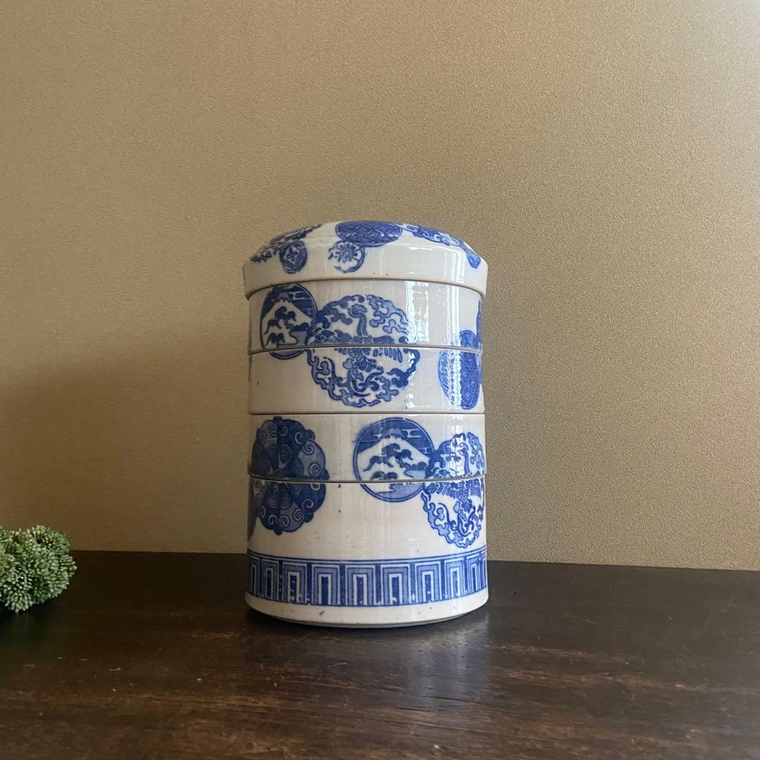 明治　印判陶器御重　4段重箱　丸型　骨董