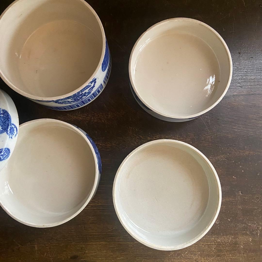 明治　印判陶器御重　4段重箱　丸型　骨董