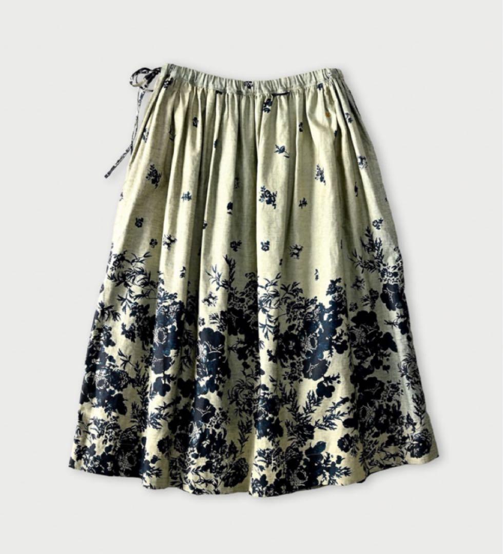 45R インディゴ抜染ローズプリントのイージーギャザースカート 45rpm