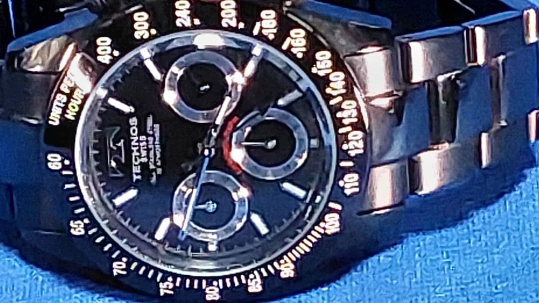 r*7様 TECHNOS ブラック クロノグラフ腕時計