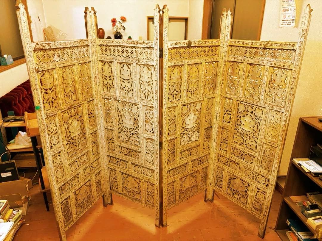 木製彫刻パーティション ホワイト