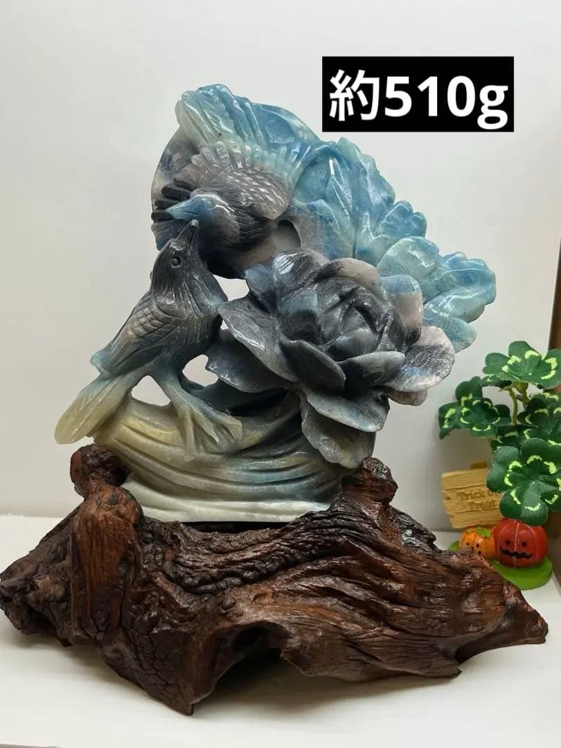 天然石　トロレアイト　カービング　薔薇の2匹の鳥　彫刻台座付きNo.1254