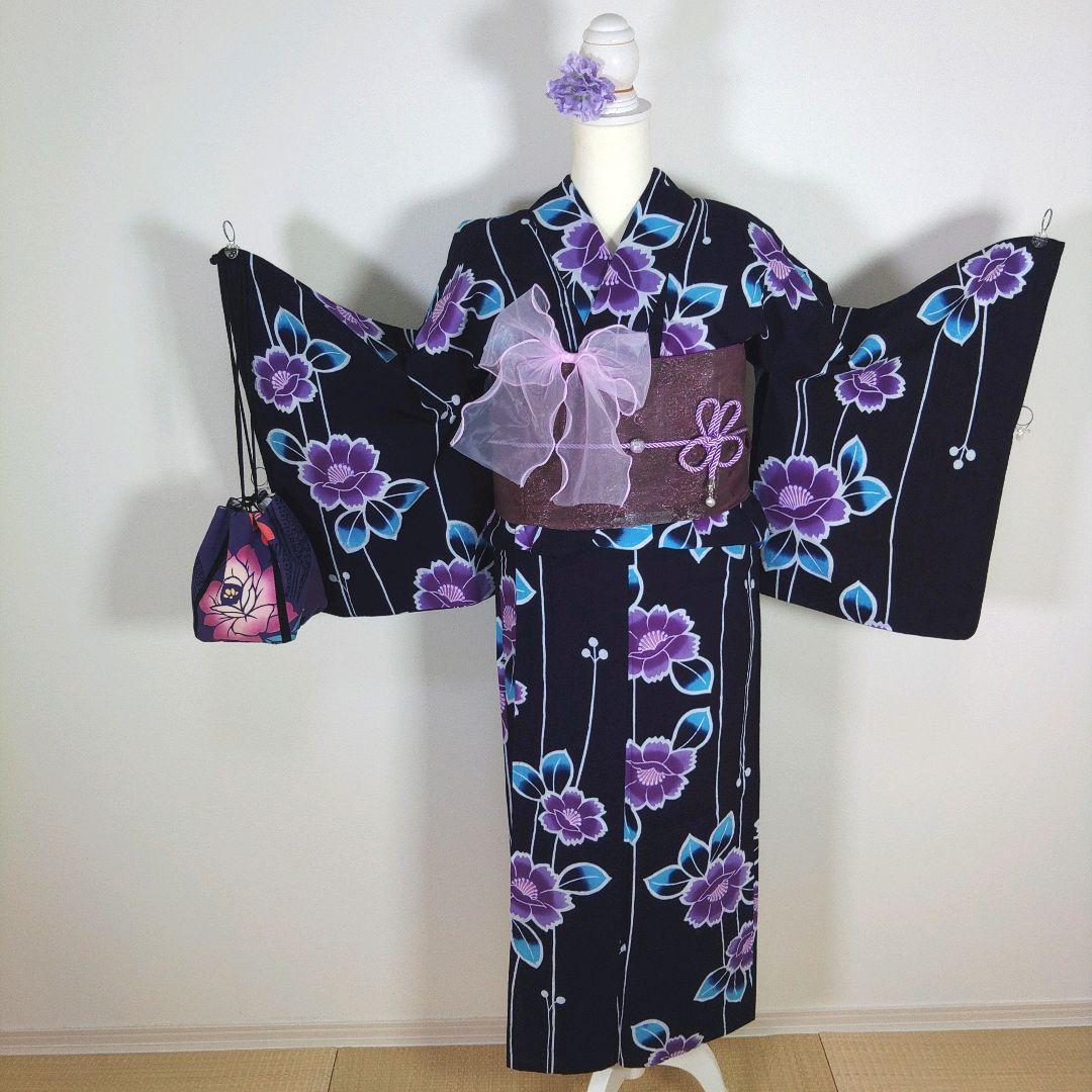 レトロ　浴衣セット　150cm　女の子　花柄　紺　兵児帯　新品　紫　リボン