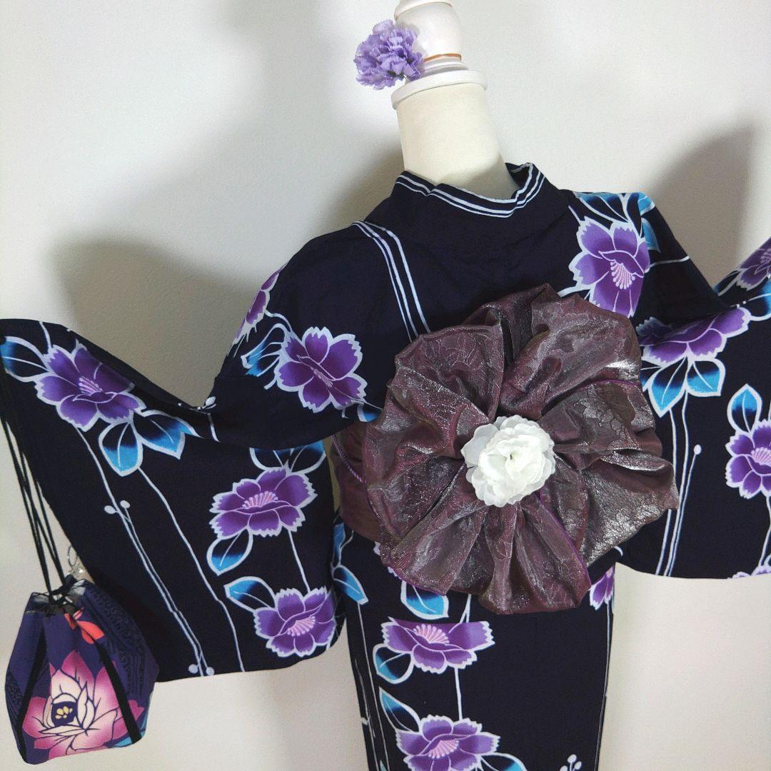 レトロ　浴衣セット　150cm　女の子　花柄　紺　兵児帯　新品　紫　リボン
