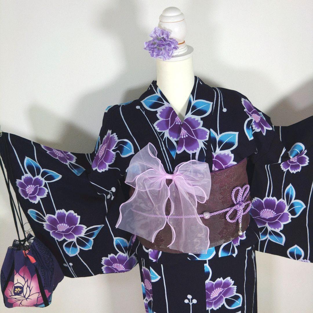 レトロ　浴衣セット　150cm　女の子　花柄　紺　兵児帯　新品　紫　リボン
