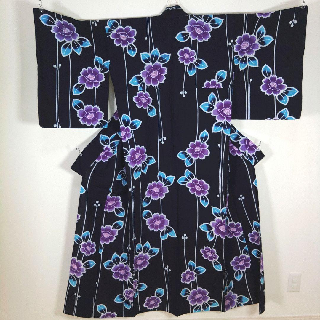 レトロ　浴衣セット　150cm　女の子　花柄　紺　兵児帯　新品　紫　リボン