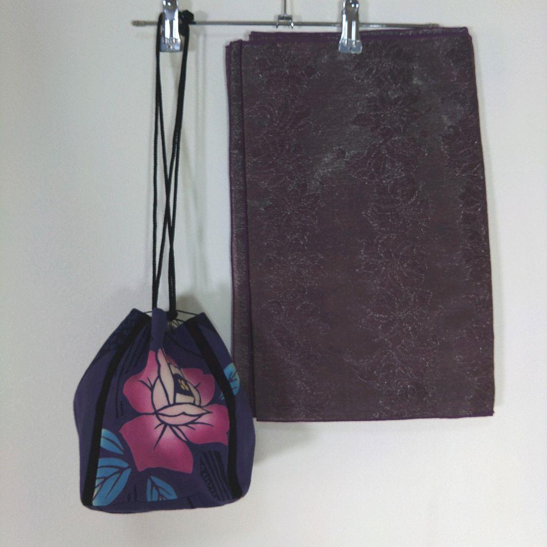 レトロ　浴衣セット　150cm　女の子　花柄　紺　兵児帯　新品　紫　リボン