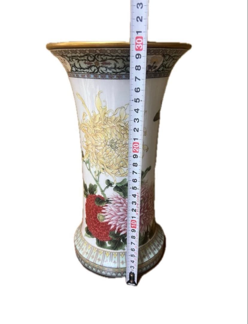 希少 ヴィンテージ 色絵磁器花瓶 「四季菊花山雀」愛新覚羅毓誉 中国陶磁器