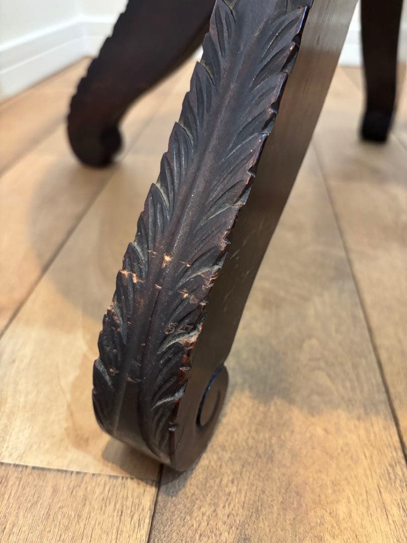 オリーブグリーン フリンジ付きスツール　ピアノ　椅子　彫刻　アンティーク