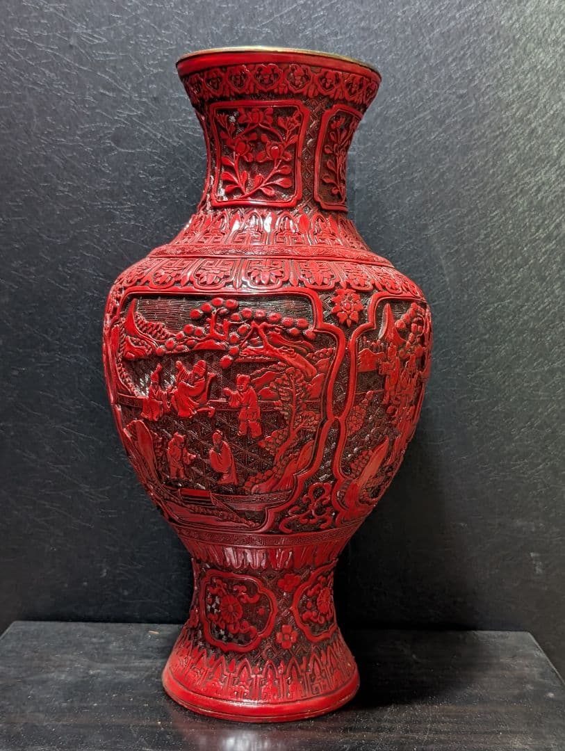 中国 美術 骨董 堆朱 壺 赤壺 工芸品 民芸品 彫刻 花柄 花瓶 花器 置物