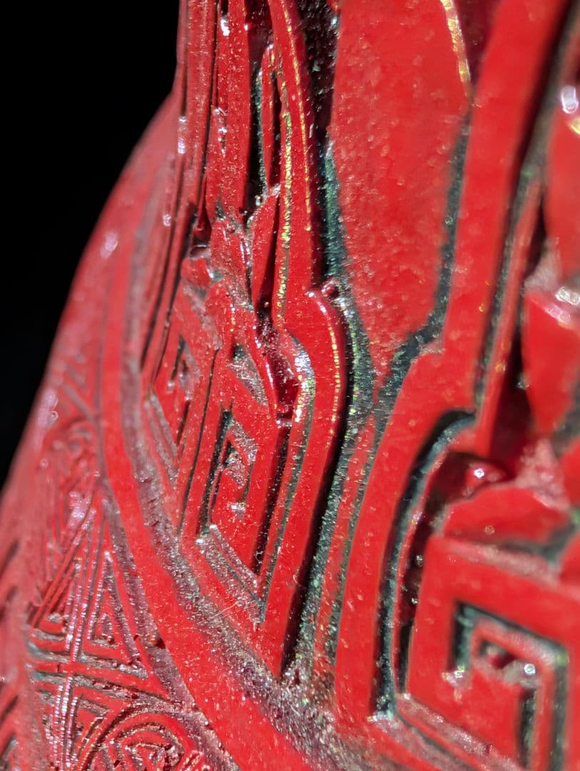 中国 美術 骨董 堆朱 壺 赤壺 工芸品 民芸品 彫刻 花柄 花瓶 花器 置物