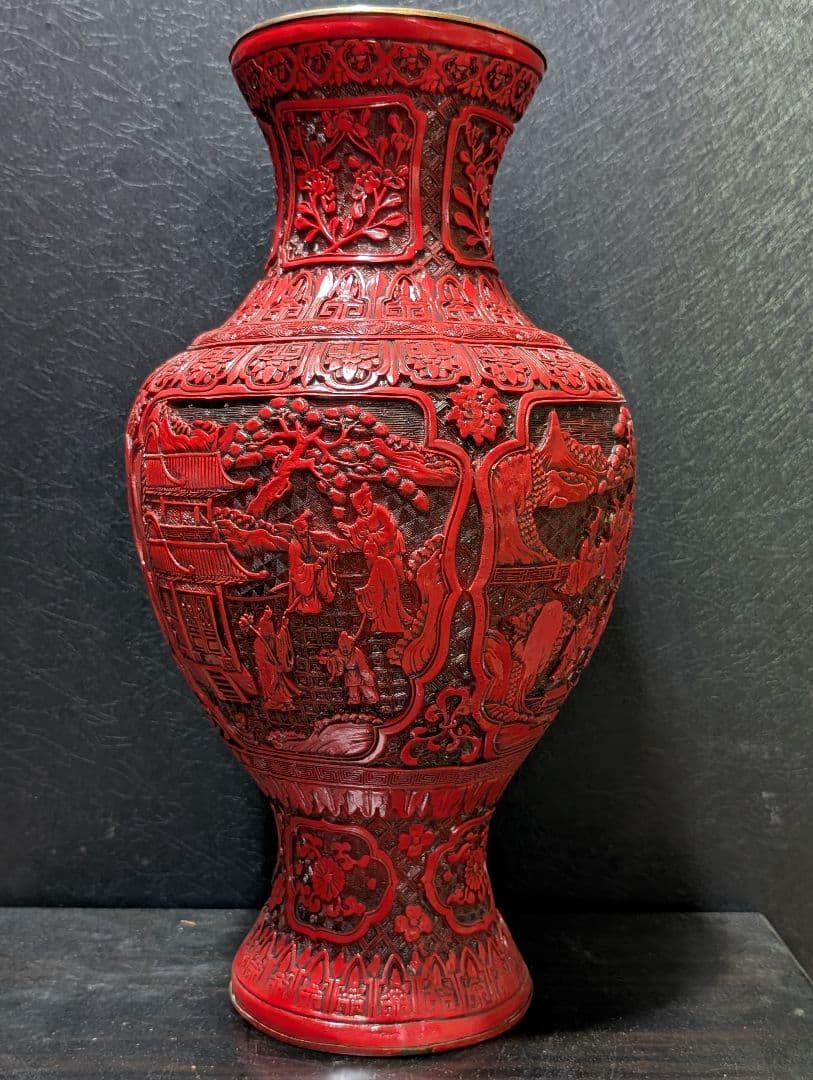 中国 美術 骨董 堆朱 壺 赤壺 工芸品 民芸品 彫刻 花柄 花瓶 花器 置物