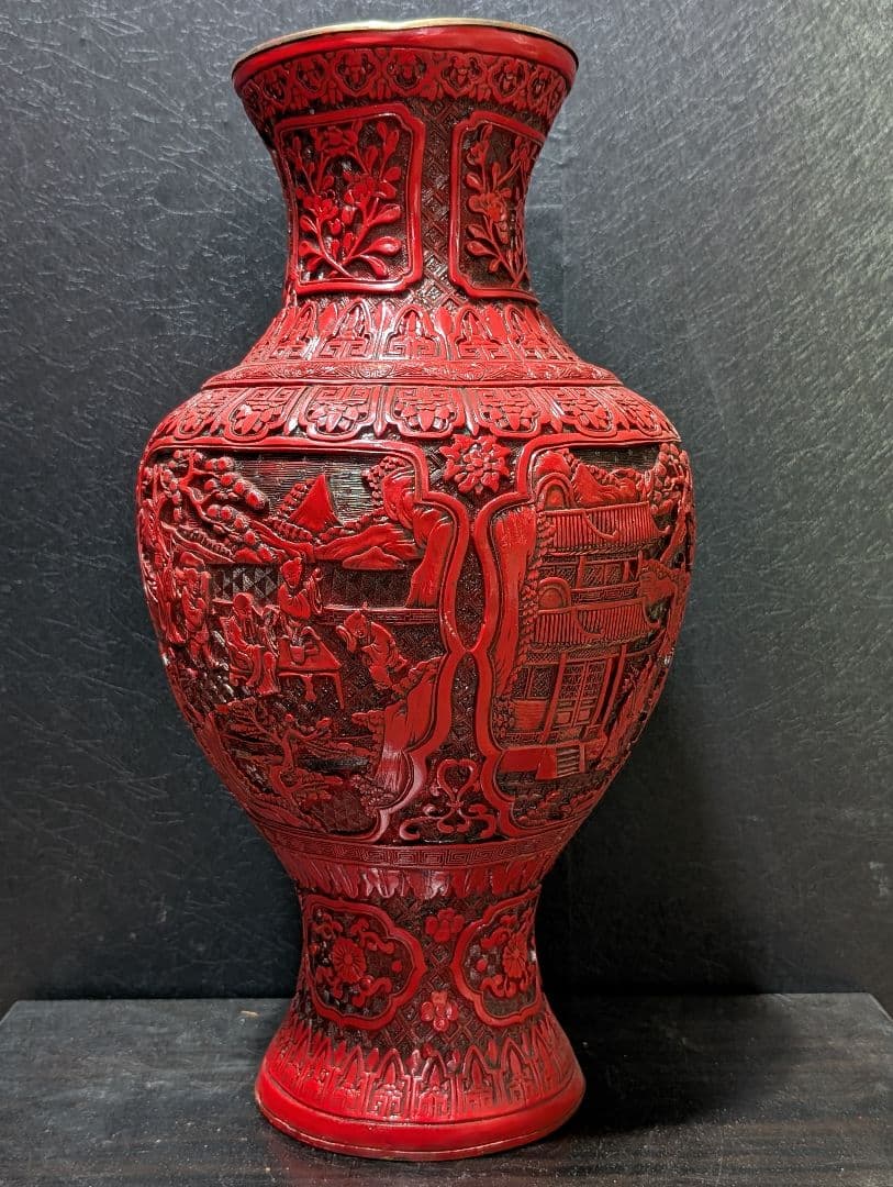 中国 美術 骨董 堆朱 壺 赤壺 工芸品 民芸品 彫刻 花柄 花瓶 花器 置物