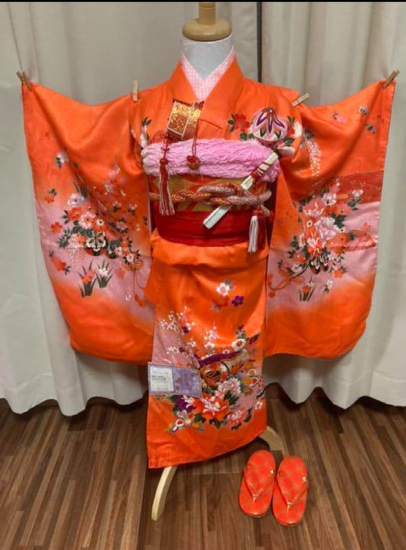 【オレンジ】七五三　3歳から5歳　帯　着物フルセット　女の子　朱色