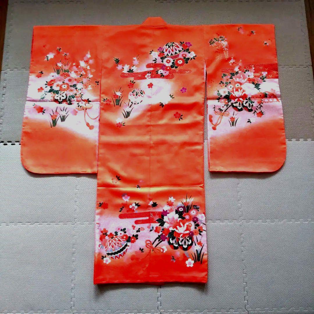 【オレンジ】七五三　3歳から5歳　帯　着物フルセット　女の子　朱色