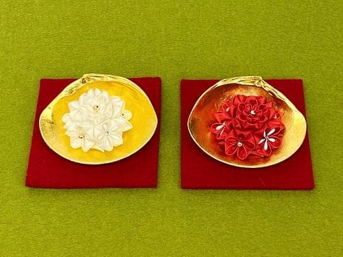 蛤香合 純金箔 つまみ細工 紅白盛花 小 蛤香合 自然蛤 小道具 海外土産