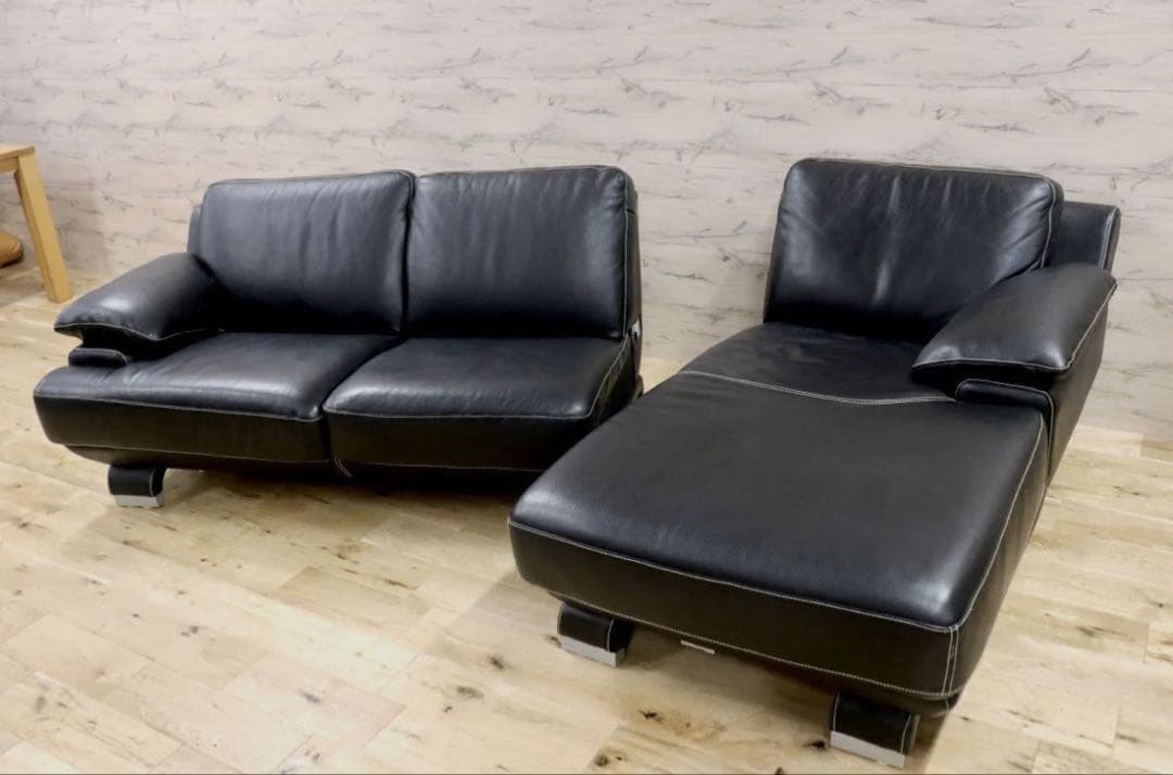 引越し 整理中 大塚家具 L/S 01 三人掛けソファ 黒革 オットマン付き