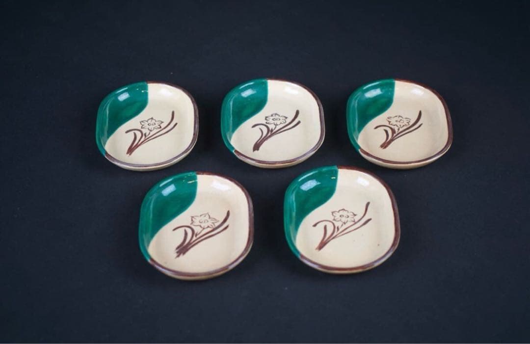 森有節 萬古 織部釉 菖蒲文 小皿 5客 共箱 江戸〜明治期 向付 懐石料理道具