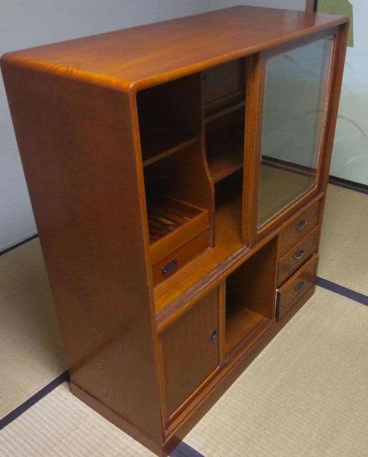 茶箪笥　和風木製ガラス扉収納棚