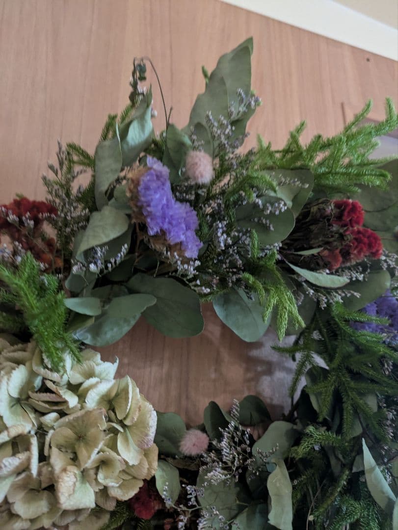 ドライフラワー★可愛い大きめリース ★ユーカリ、紫陽花、ケイトウ