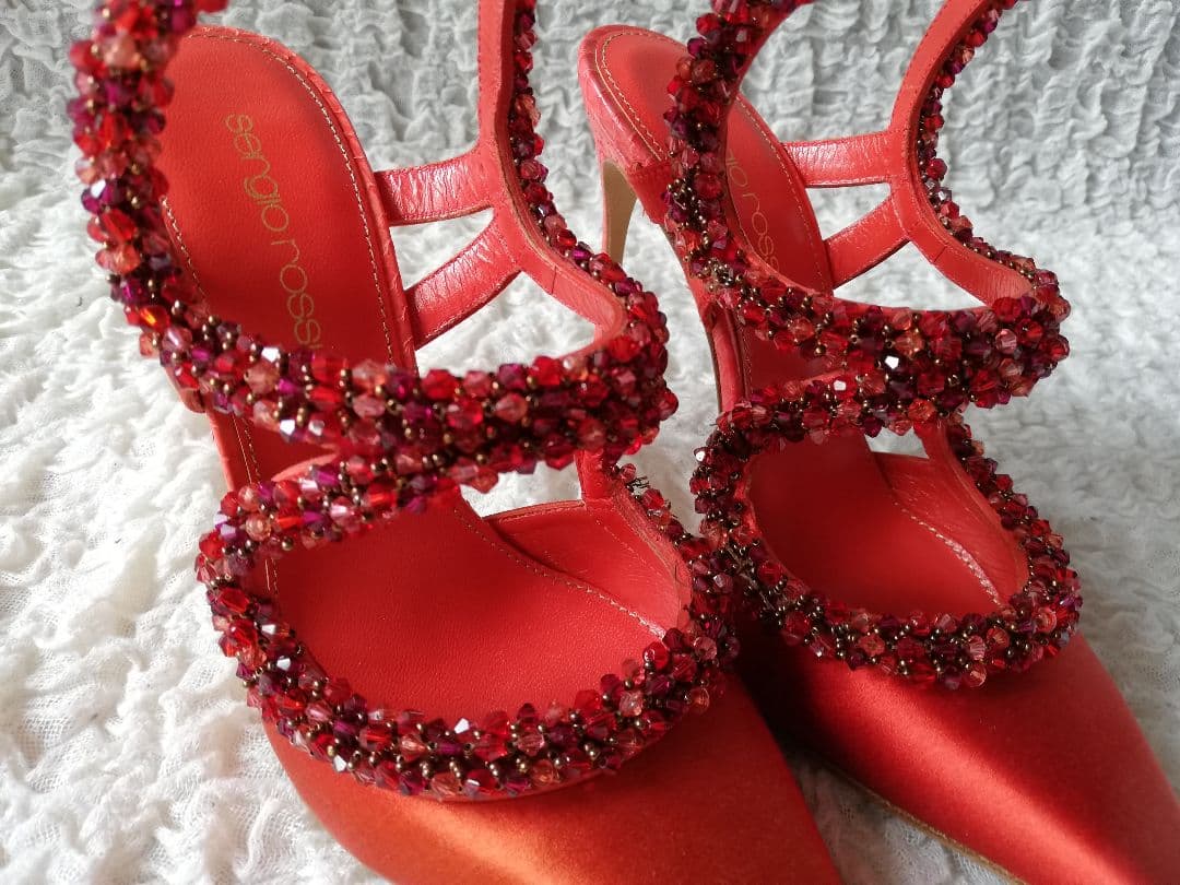 Sergio Rossi セルジオロッシ◆ビジュー サンダル 赤 35◆1度のみ