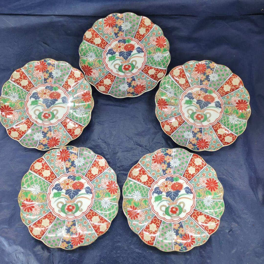 有田焼　陶扇　銘々皿×5枚　中皿　菊割皿　錦絵　赤絵　金彩　古伊万里　AR1.8