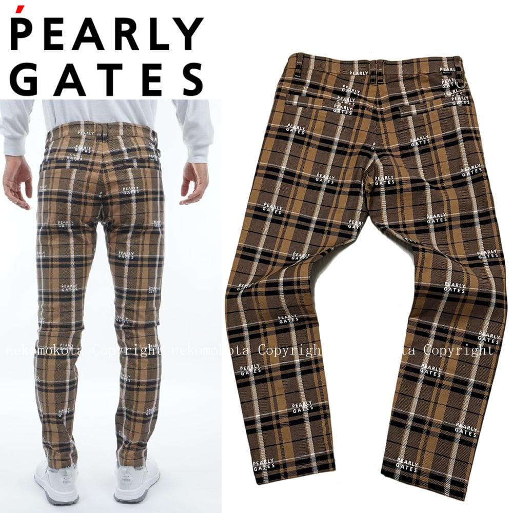 美品 パーリーゲイツ コットン ストレッチ カルゼ チェック ロゴ パンツ