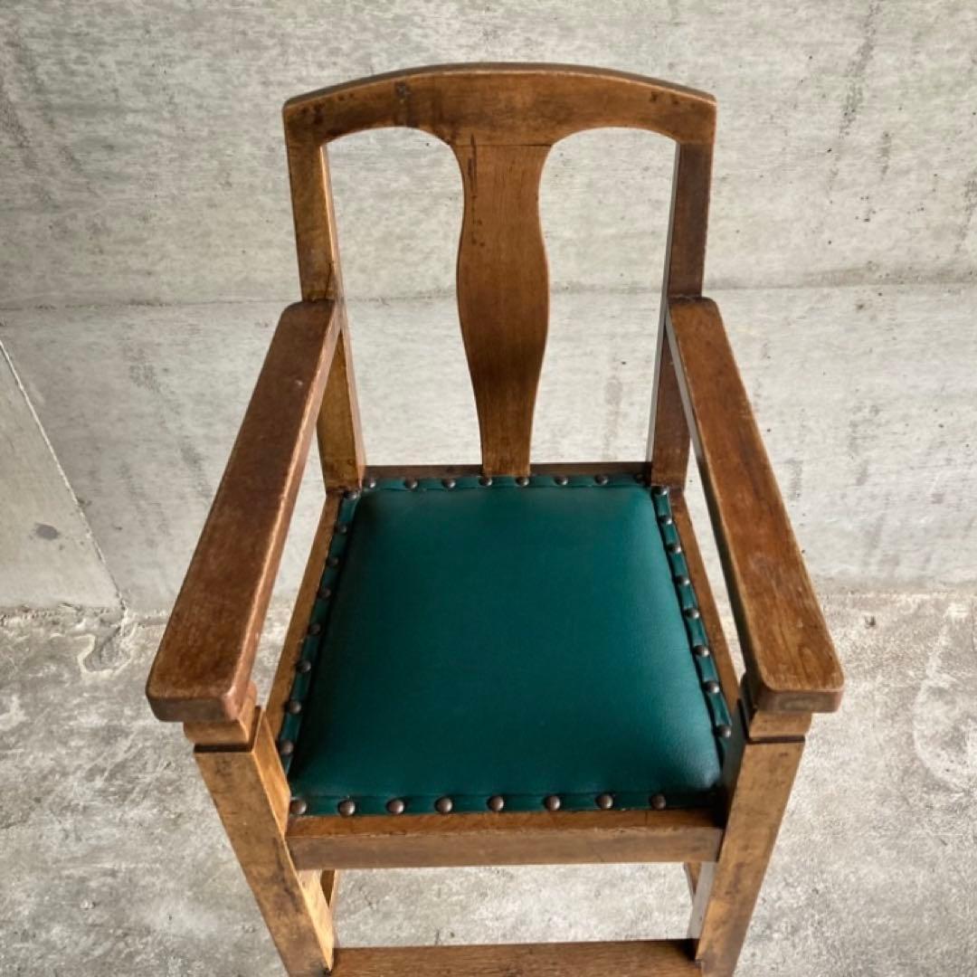 古い味のある子供椅子 ハイチェア 木製 飾り台 緑色 家具 レトロ ヴィンテージ