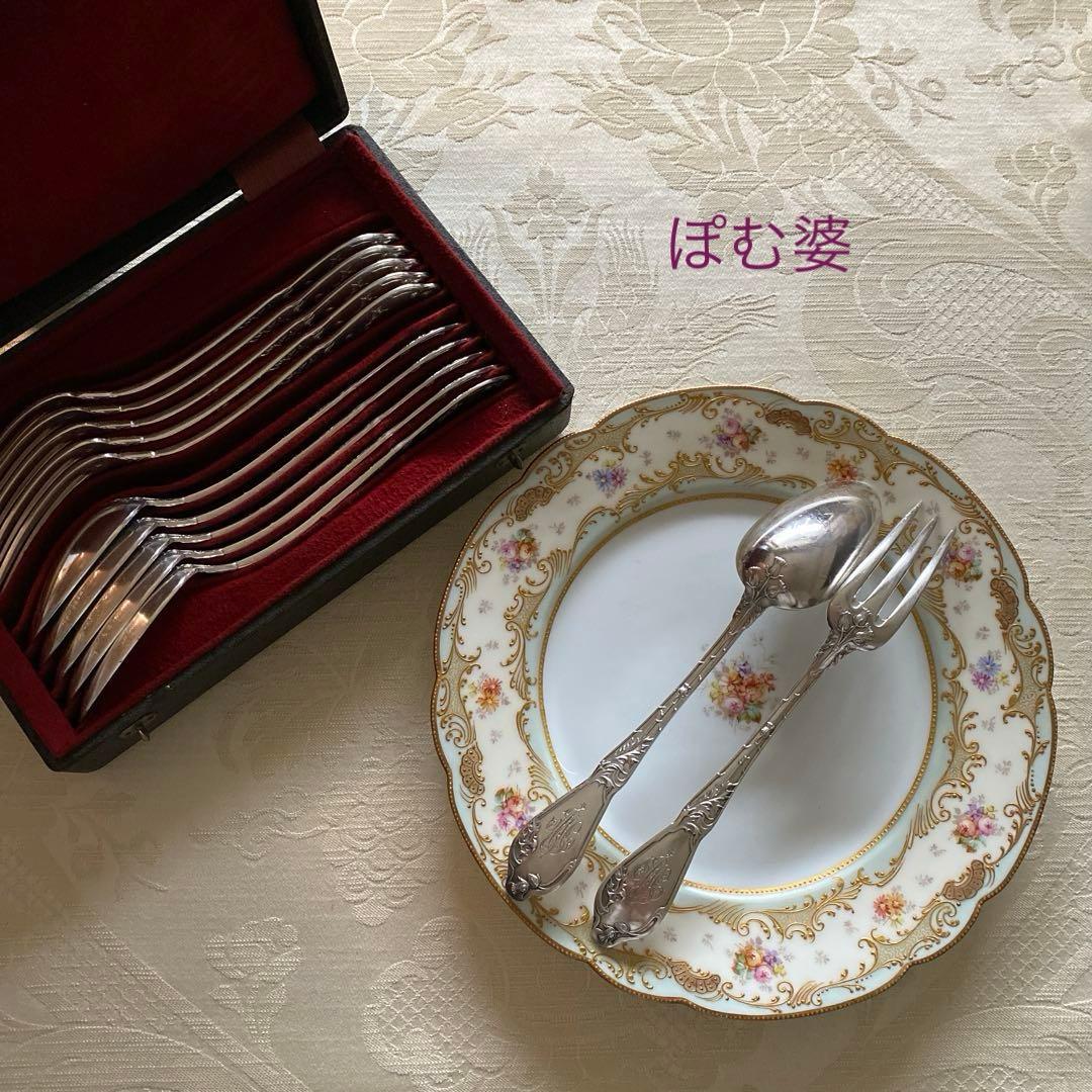 【フランス／Boulenger】純銀／フォーク＆スプーン ３組※元箱付「アザミ」