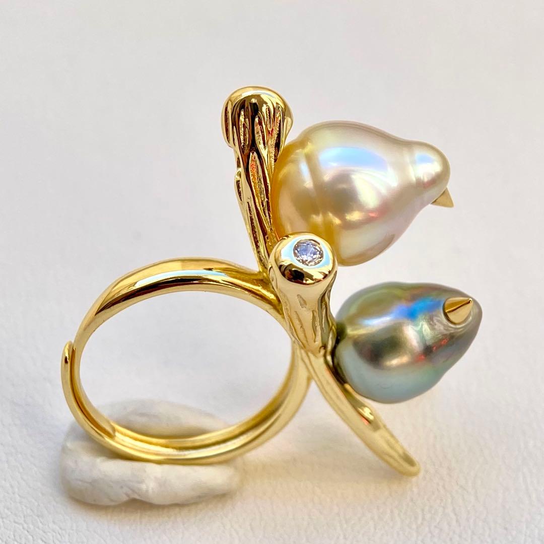 本真珠南洋白蝶真珠と黒蝶真珠「鳥と枝」s925リングY1058