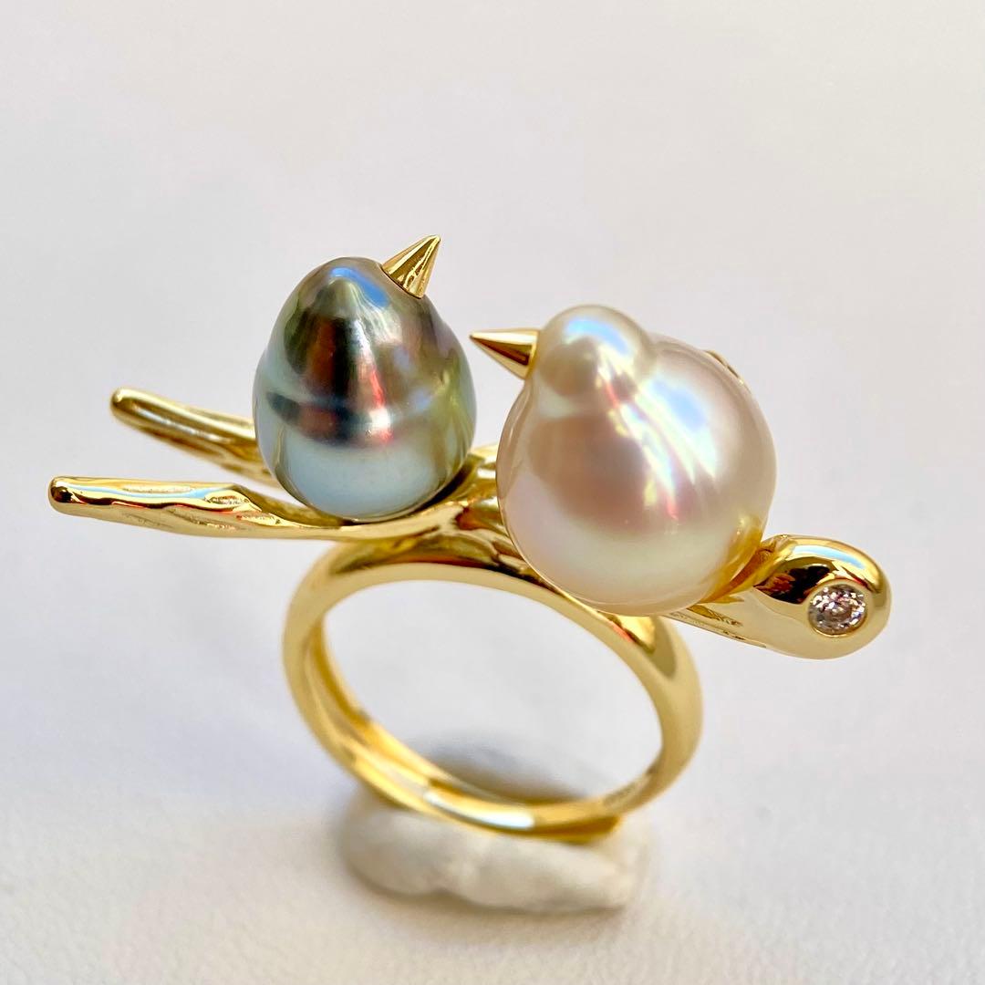 本真珠南洋白蝶真珠と黒蝶真珠「鳥と枝」s925リングY1058