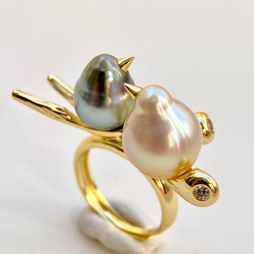 本真珠南洋白蝶真珠と黒蝶真珠「鳥と枝」s925リングY1058