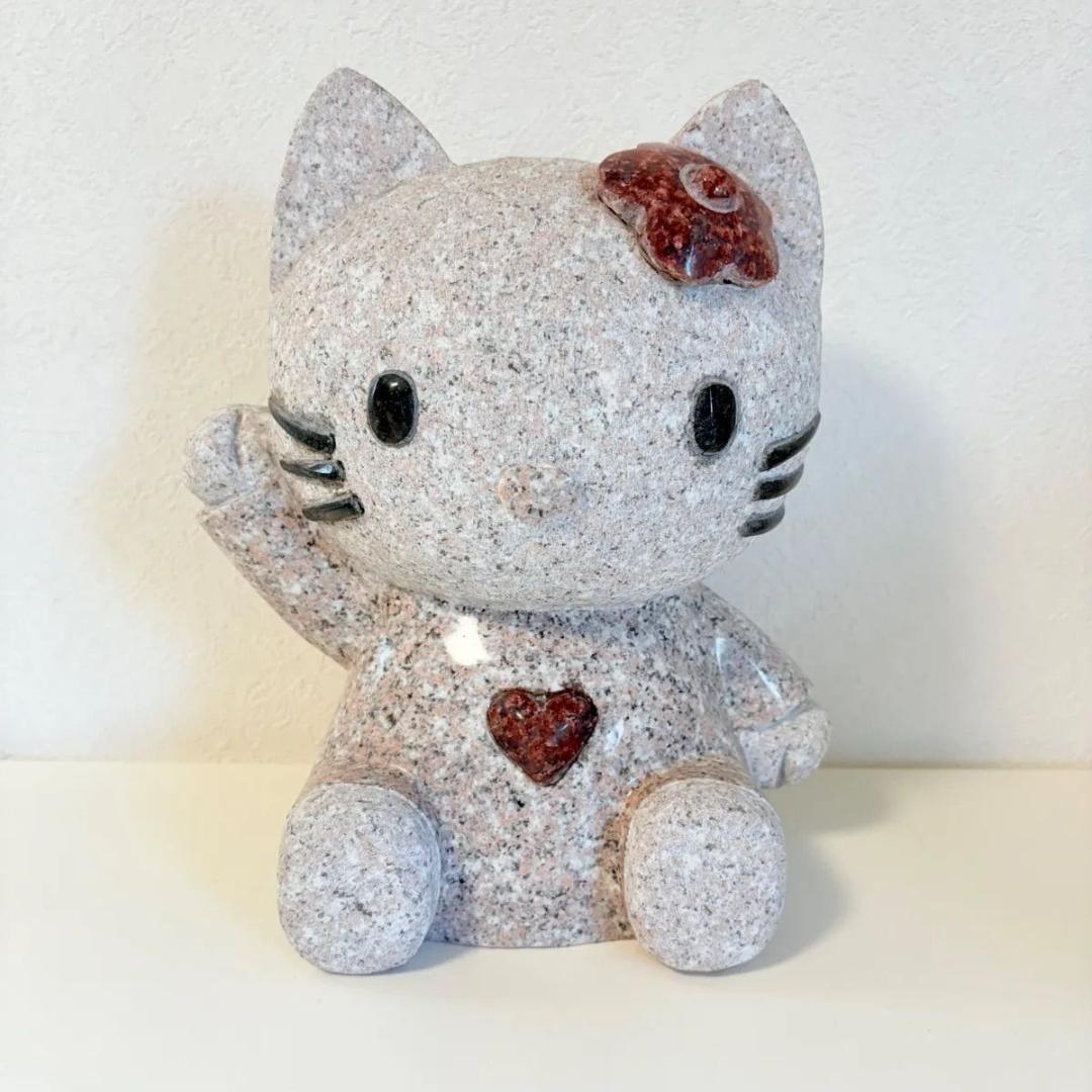 ハローキティ石像 御影石 高級 縁起物 置物 招き猫 桜色 オブジェ
