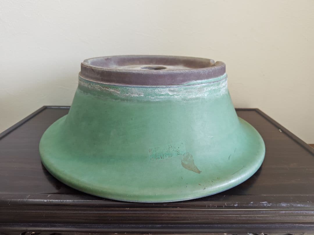 緑色の円型陶器製盆栽鉢 約42cm×15cm