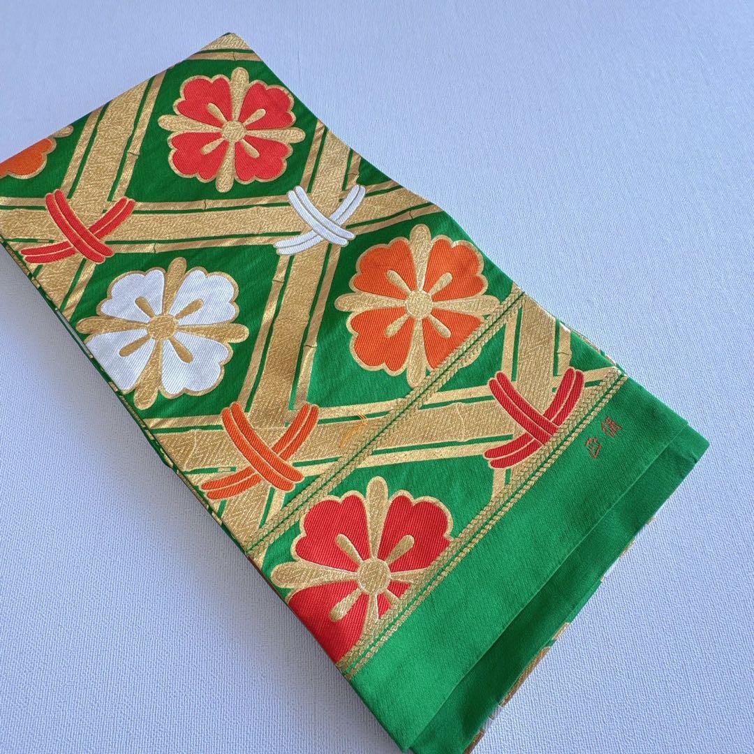 フルセット　七五三７歳女の子　黒地花　緑地袋帯正絹　花菱　半襦袢　7100