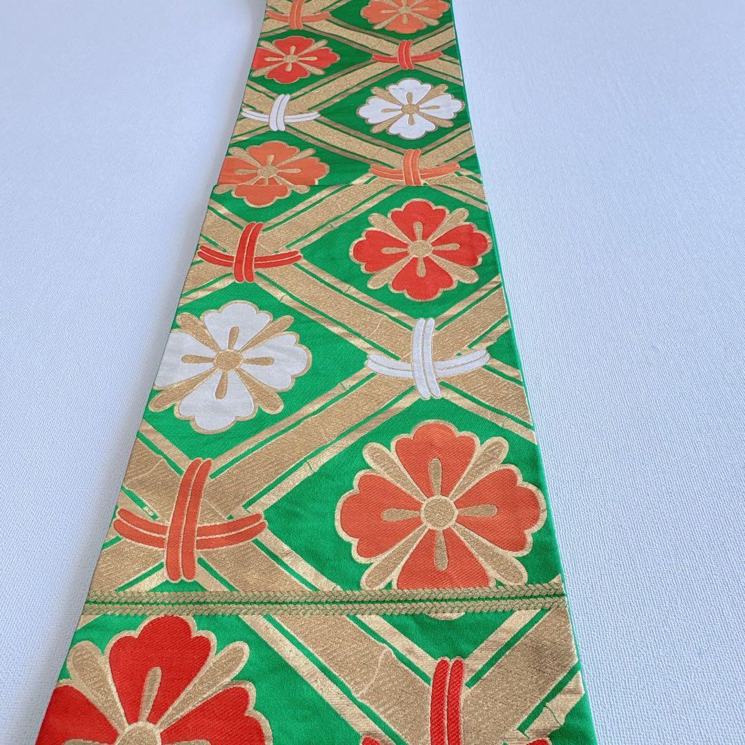 フルセット　七五三７歳女の子　黒地花　緑地袋帯正絹　花菱　半襦袢　7100