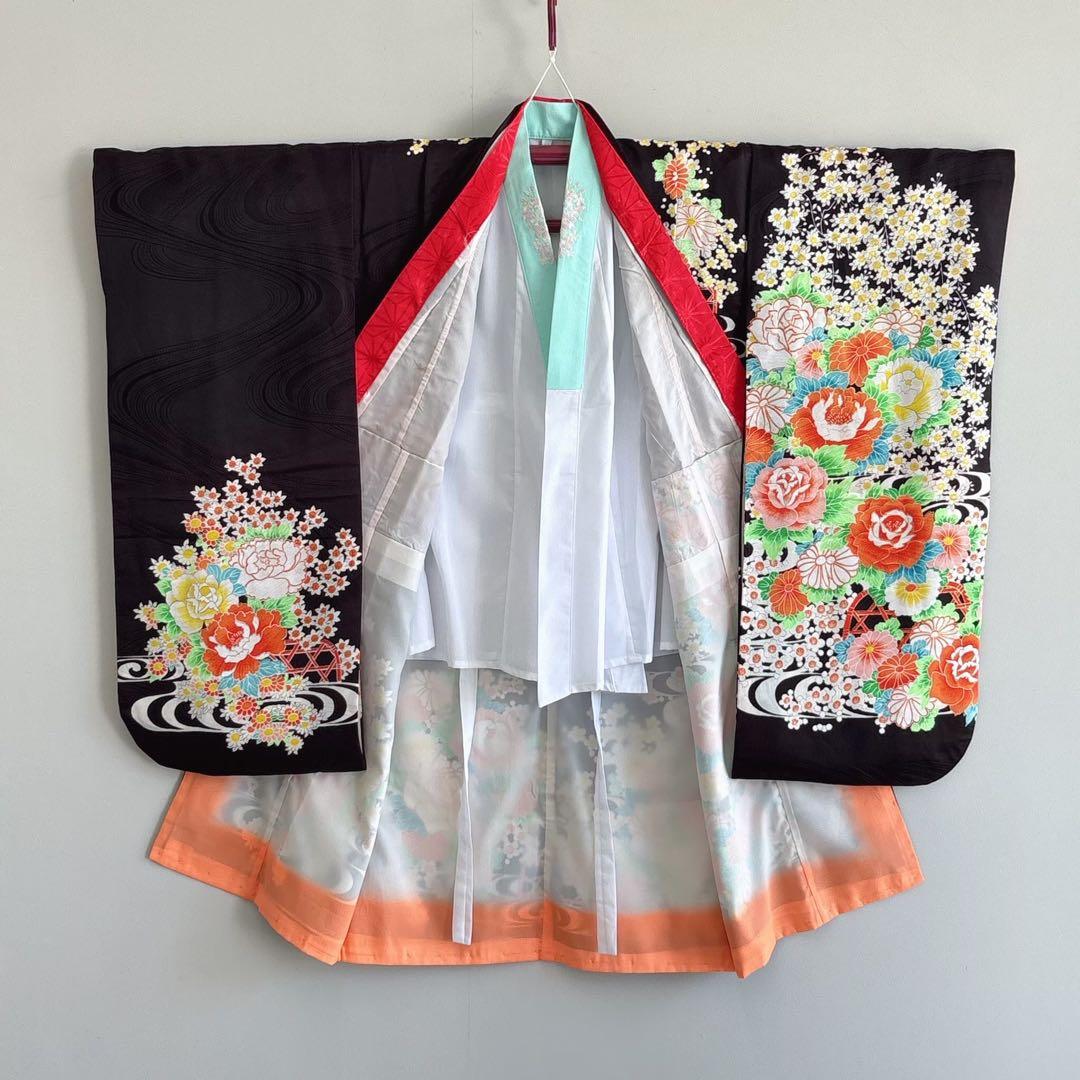 フルセット　七五三７歳女の子　黒地花　緑地袋帯正絹　花菱　半襦袢　7100