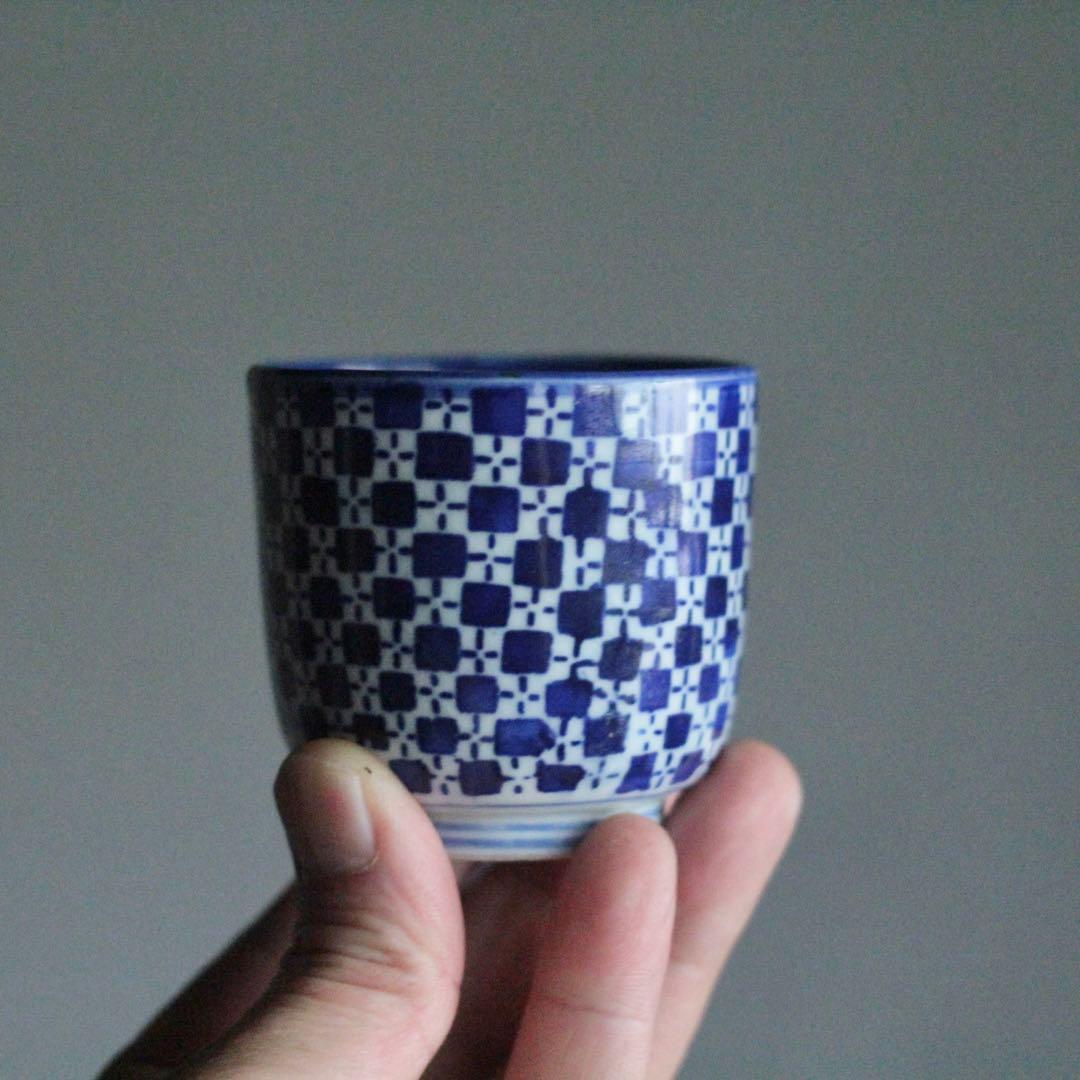 市松文様 筒盃 明治 印判 酒器 ぐい呑み 古美術 古道具 アンティーク