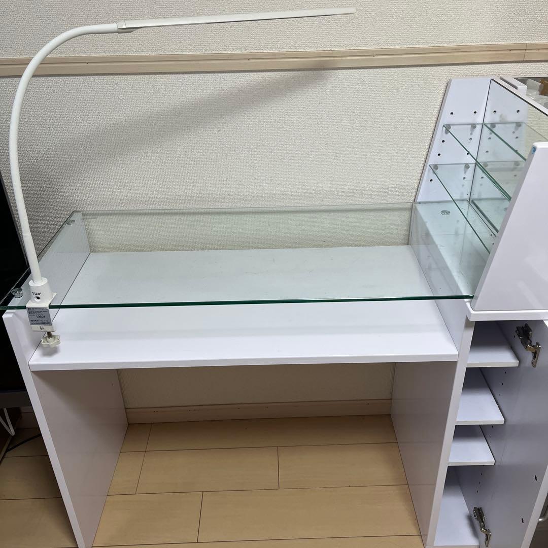 ネイルデスク 棚付き ガラス天板