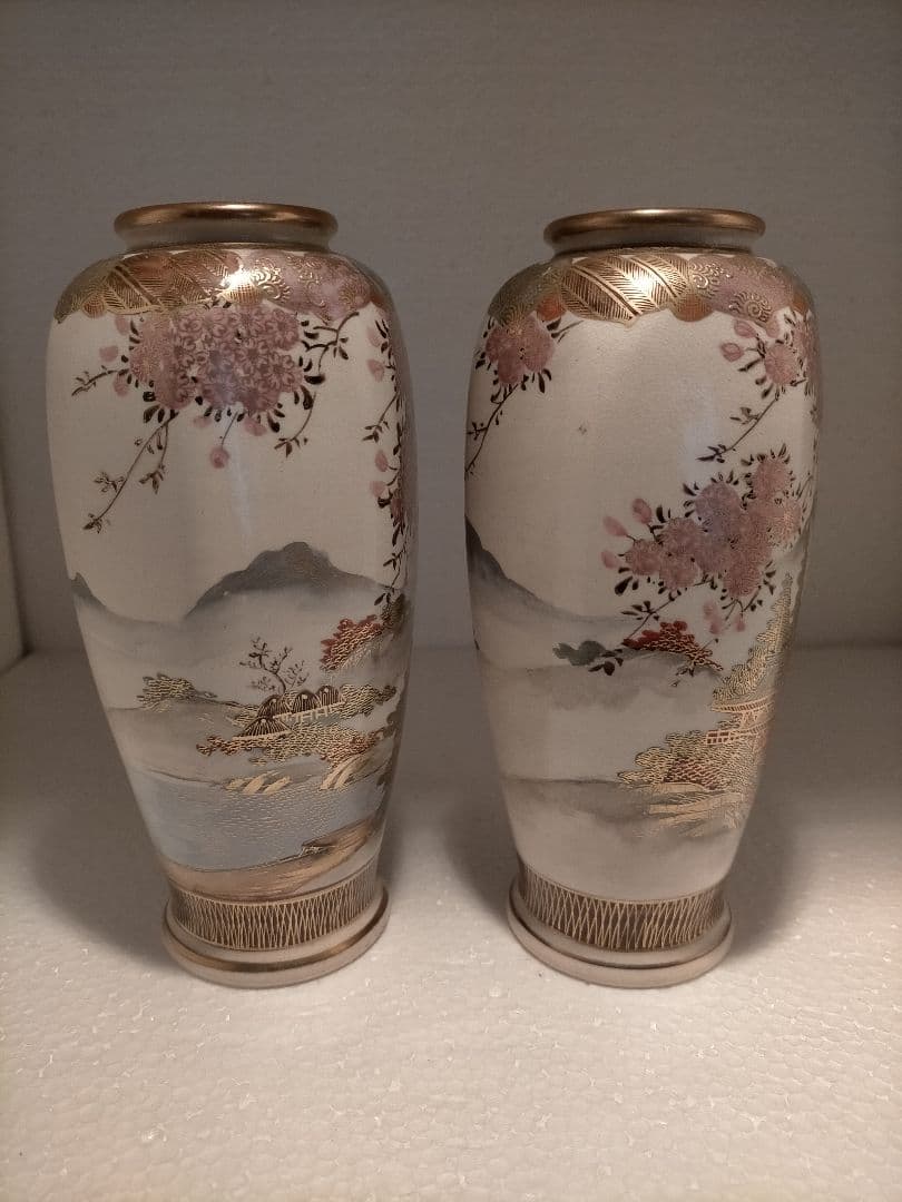 アンティーク 里帰り 薩摩焼 喜多村　 ベース 花瓶 一対