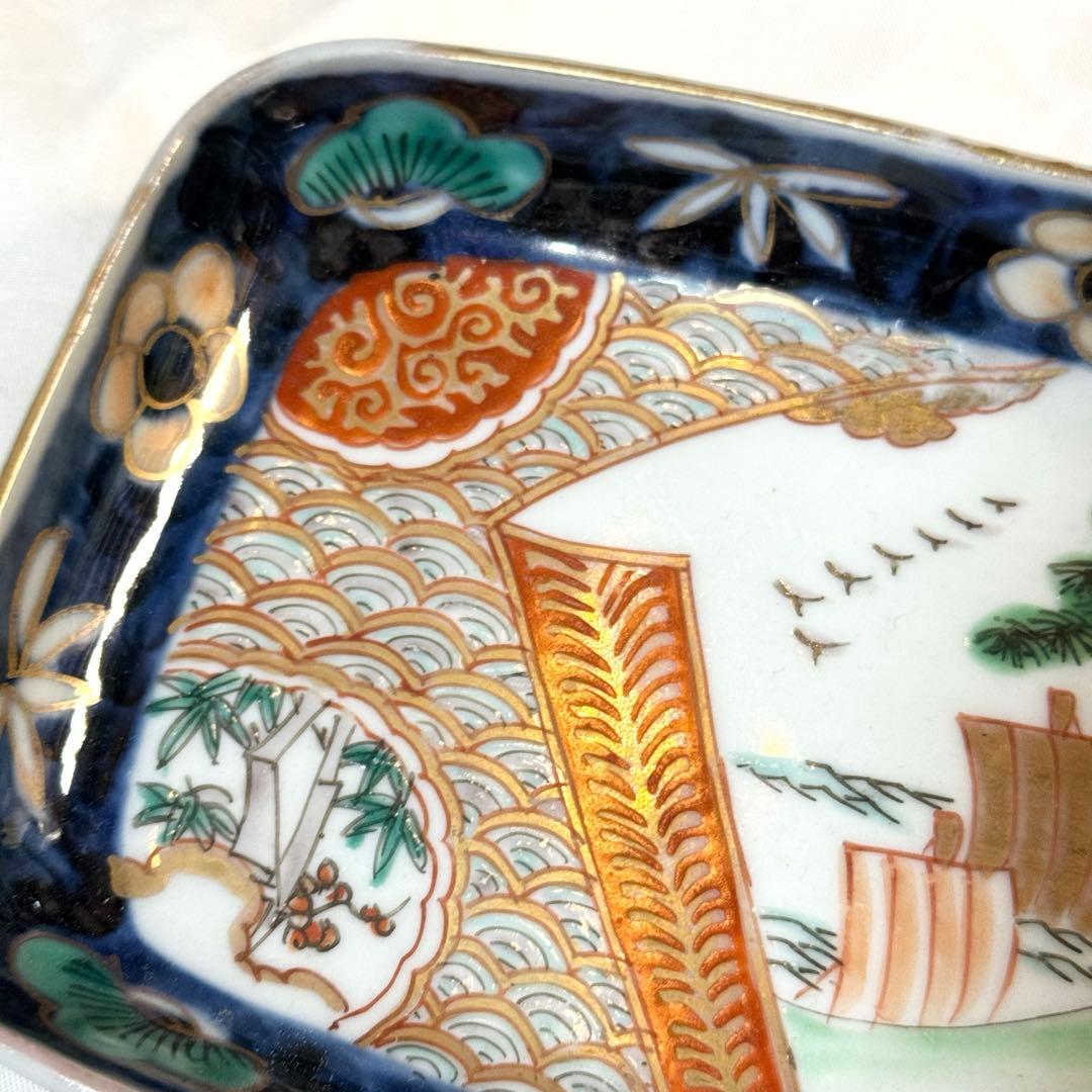 トム様用　伊万里 錦手色絵 帆船　波　松竹梅長皿文2客　角皿