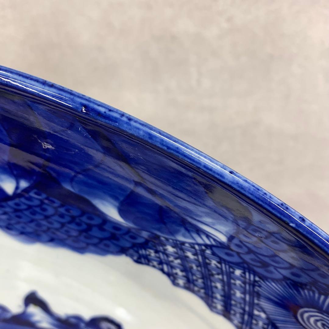 直径53cm ! 大皿 山水図 花 藍色 アンティーク 盛り付け皿 ⑤