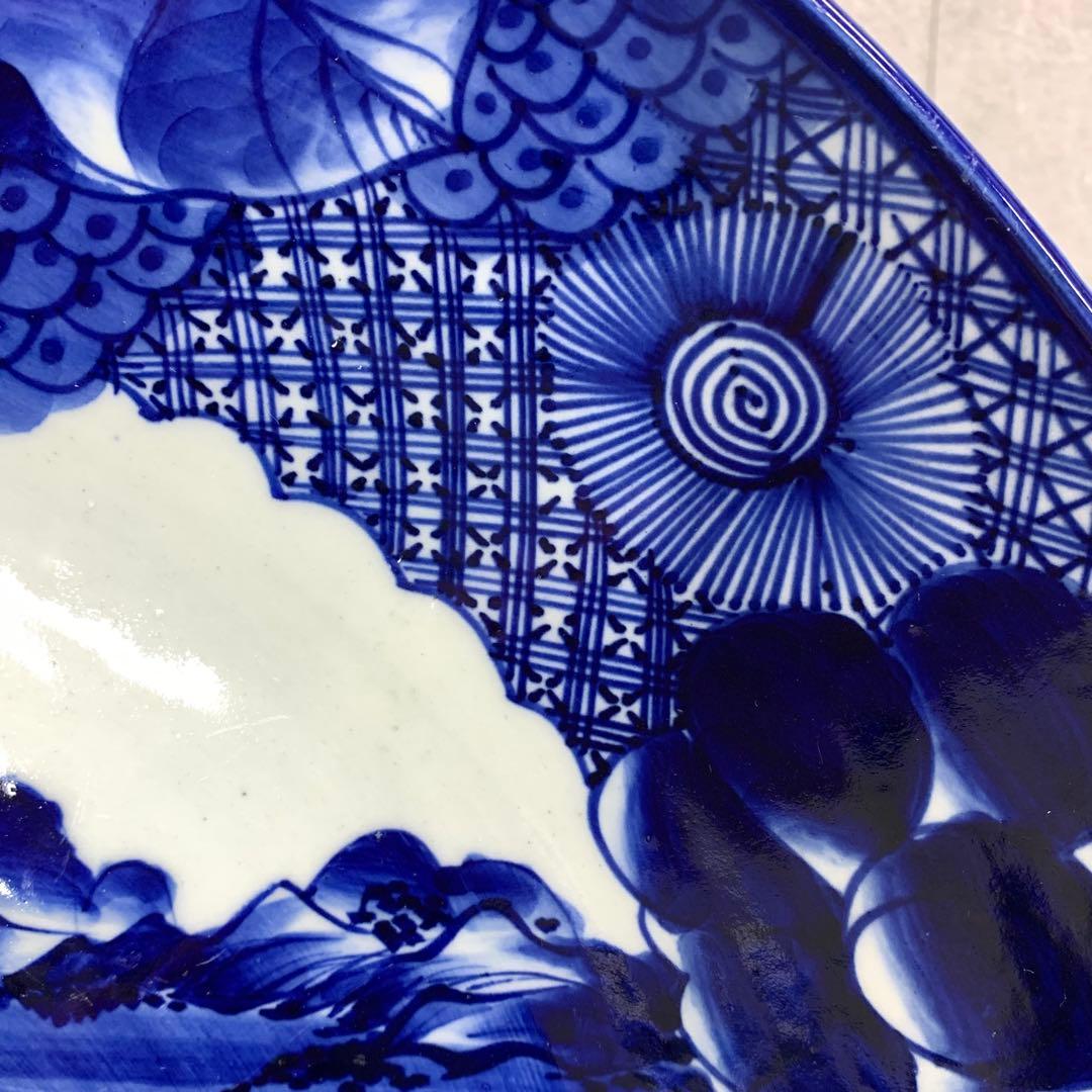 直径53cm ! 大皿 山水図 花 藍色 アンティーク 盛り付け皿 ⑤