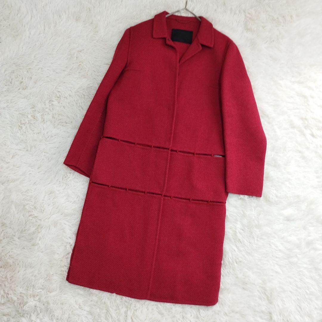 18376✨プラダ ウール ヘリンボーン ダブルフェイス リバーコート レッド