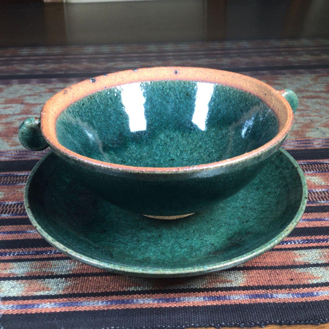 『フォロうー特価』　萩焼　CX2 スープカップ&ソーサー　ペア　緑